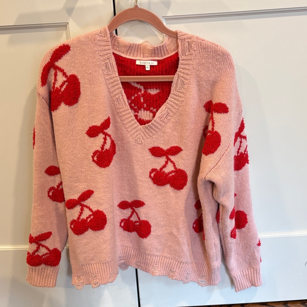 Elegant Cherry V-Neck Sweater in Pink